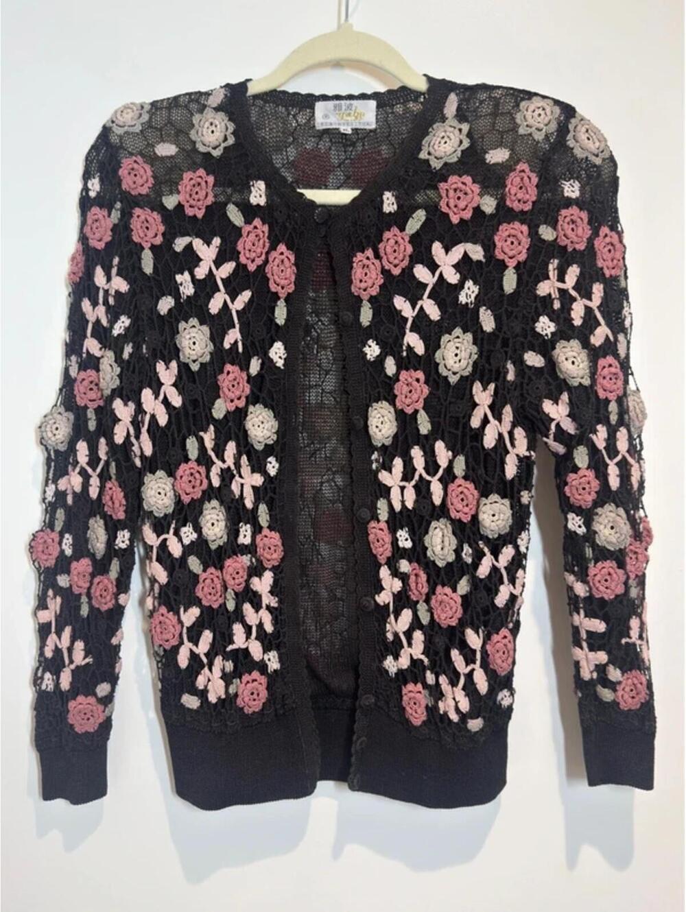 Vintage black floral embroidered mesh cardigan sheer rose y2k fairycore boho - Picture 1 of 9